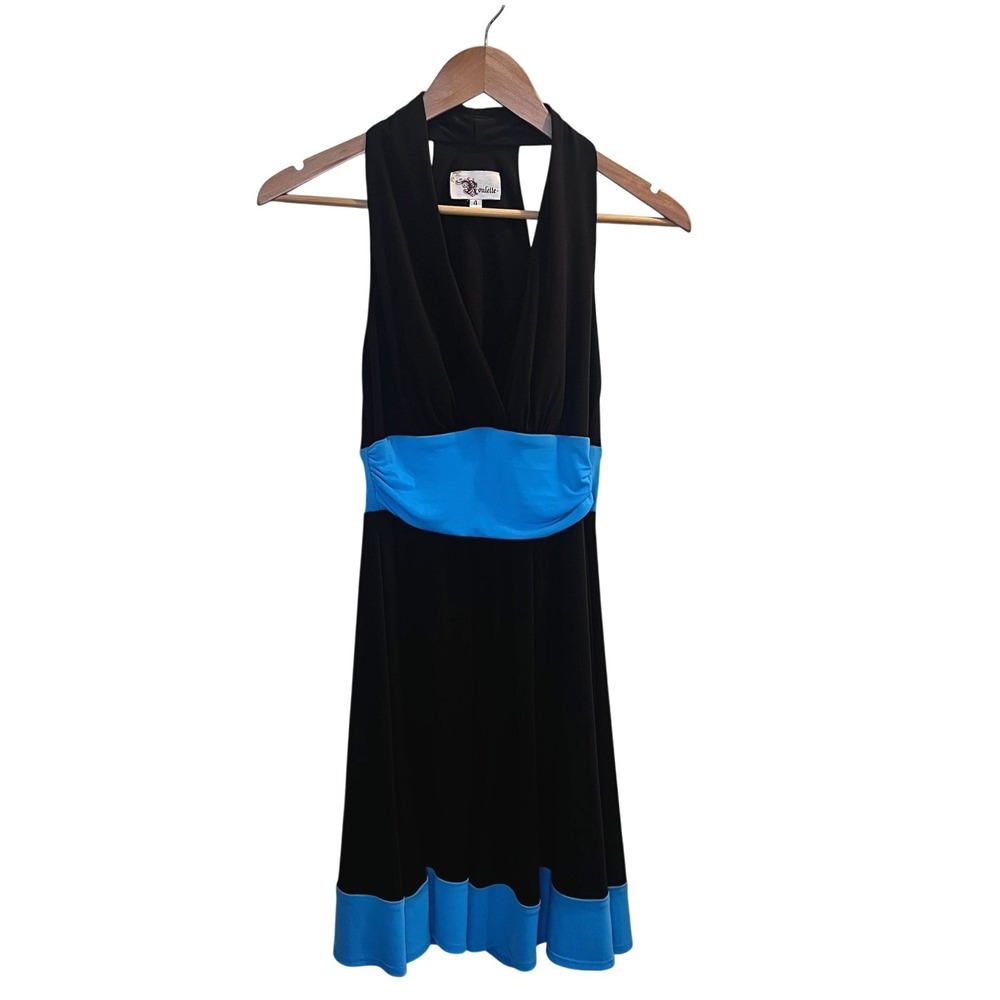 Roulette Brown Turquoise Colorblock Halter Neck Cocktail Dress Size 4 Made in US